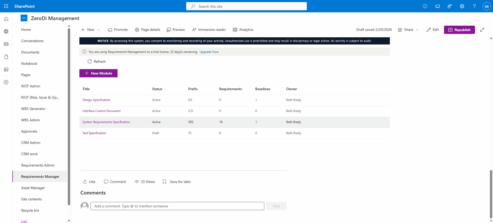 Req Man Module List showing four specification modules