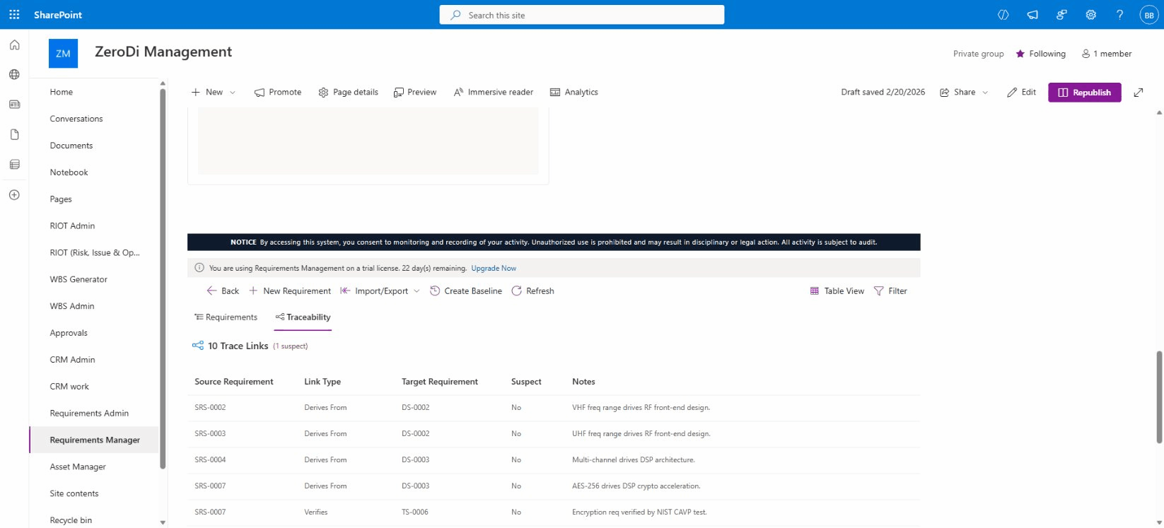 Traceability view showing typed trace links with suspect detection